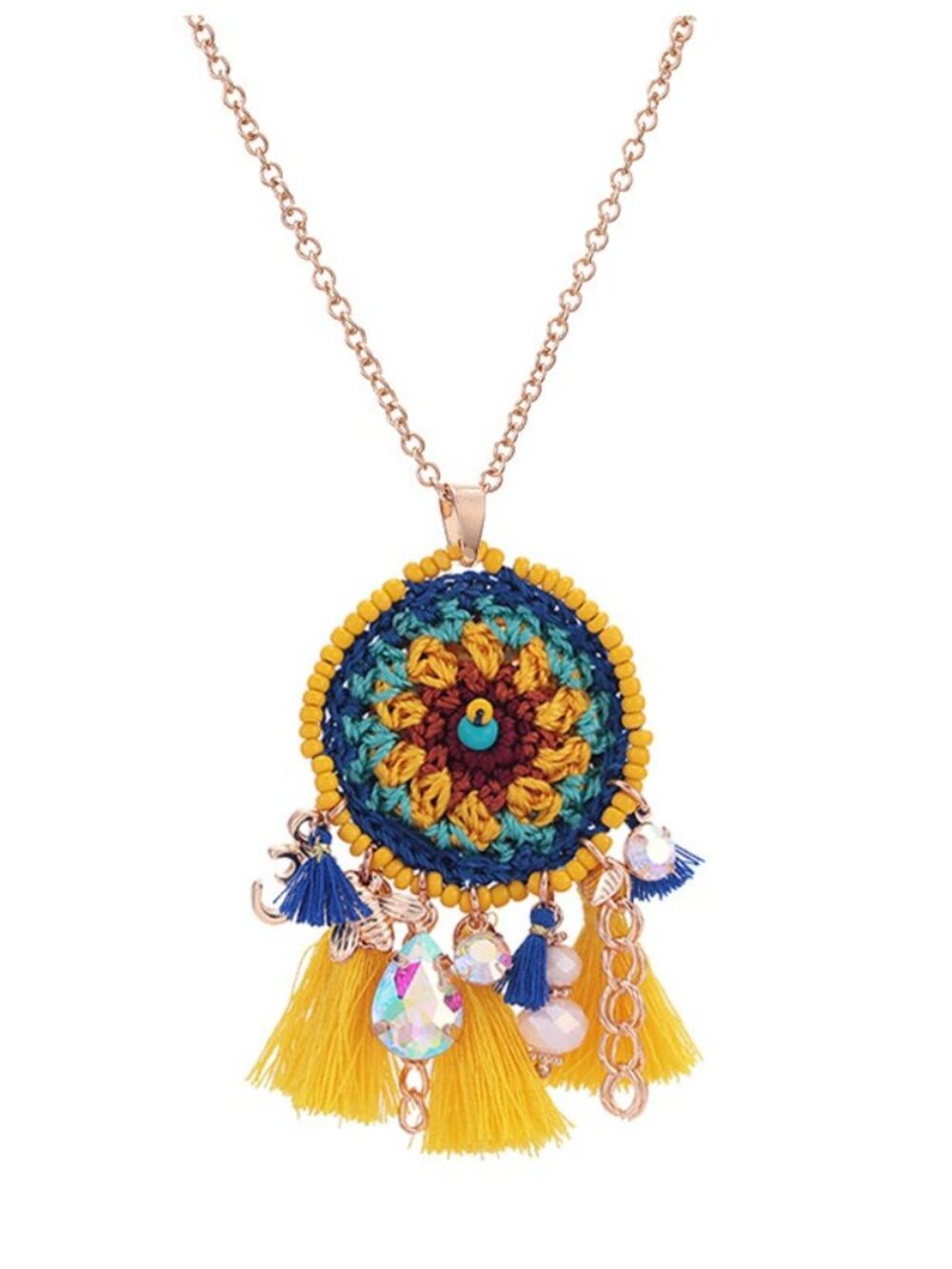 Round Long Sunflower Crochet Flower Yellow Tassel Boho Crocheted Necklace